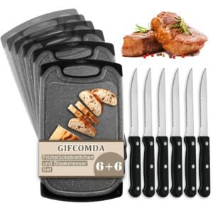 Gifcomda pusryčių lentų rinkinys su kepsnių peiliais, 25x15 cm tamsiai pilkos spalvos, be BPA, antibakterinis, neslystantis su sulčių vagele, galima plauti indaplovėje
