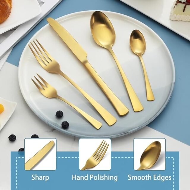 Gifcomda Matt Gold stalo įrankių rinkinys, 30 dalių nerūdijančio plieno stalo įrankių rinkinys 6 žmonėms, su peiliu, šakute, šaukštu, galima plauti indaplovėje