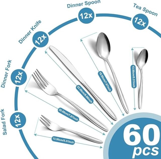 Gifcomda, 60 dalių nerūdijančio plieno stalo įrankių rinkinys 12 žmonių, peiliai, šakutės, šaukštai, torto šakutės, šaukšteliai, galima plauti indaplovėje