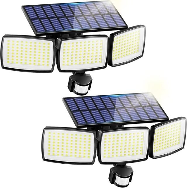 AIXPI 240 LED prožektoriai su judesio jutiklio, baterijomis veikianti lauko lempa, IP65 vandeniui atsparūs