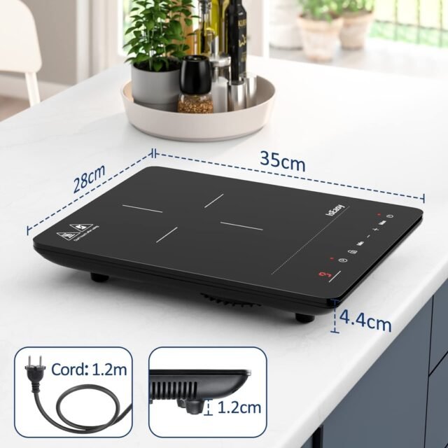 Vienguba indukcinė kaitlentė IsEasy 2100W, 28cm kaitlentė, nešiojama su užraktu nuo vaikų, 9 šildymo nustatymai, 8 valandų laikmatis, maks./min. funkcija, juoda