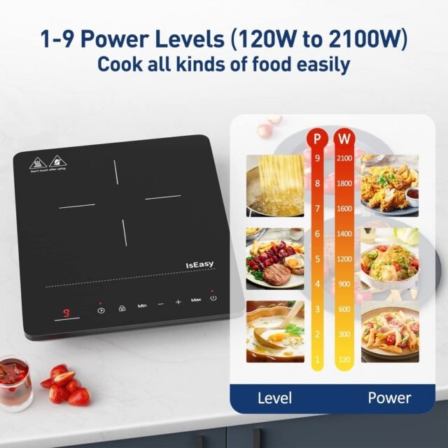 Vienguba indukcinė kaitlentė IsEasy 2100W, 28cm kaitlentė, nešiojama su užraktu nuo vaikų, 9 šildymo nustatymai, 8 valandų laikmatis, maks./min. funkcija, juoda