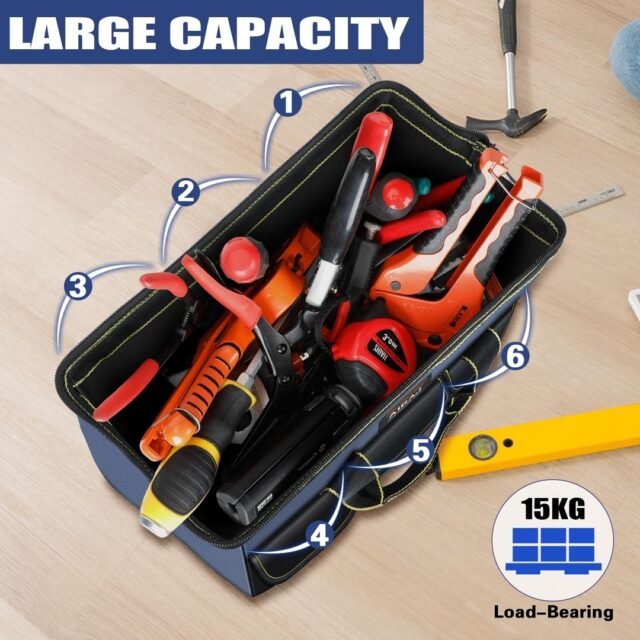 AIRAJ 18" Large Tool Bag Soft Bottom with Multiple Pockets/600D Fabric/Large Capacity, 44x24x29.5cm Abrasion-Resistant Tool Bag for Craftsmen, Electricians, Mechanics