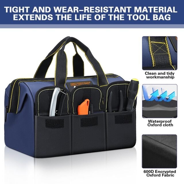 AIRAJ 18" Large Tool Bag Soft Bottom with Multiple Pockets/600D Fabric/Large Capacity, 44x24x29.5cm Abrasion-Resistant Tool Bag for Craftsmen, Electricians, Mechanics