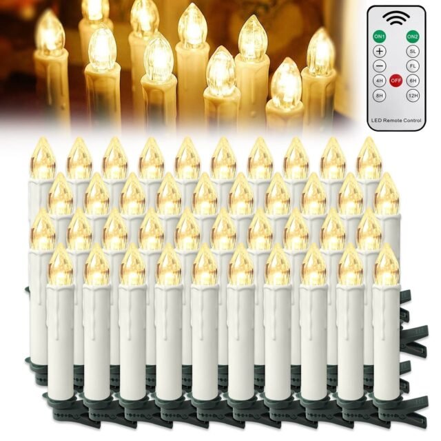 NAIZY LED žvakės su nuotolinio valdymo pulteliu, kuriame yra 40 šiltai baltų kalėdinių žvakių, mirgančių liepsnos belaidžių su baterija ir spaustuku IP44