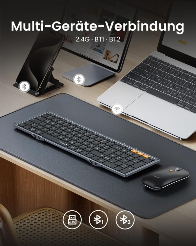„ProtoArc“ sulankstoma belaidė klaviatūra ir pelė, XKM01 „Bluetooth“ 2,4G, viso dydžio mobilioji klaviatūra QWERTY išdėstymas, skirtas iPad planšetiniam kompiuteriui