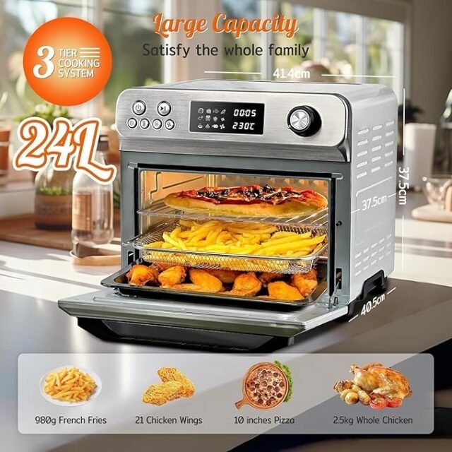 HYSapientia® 24 litrų karšto oro gruzdintuvė, skaitmeninis ekranas, 8 funkcijos, 1800 W