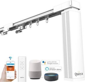„Quoya QL500 Smart“ elektrinė užuolaidų bėgių sistema – motorizuota, reguliuojamas ilgis (iki 3 m), nuotolinio valdymo pultas, valdymas balsu, suderinamas su „Alexa“, „Google“, „Siri“, „Apple Watch“