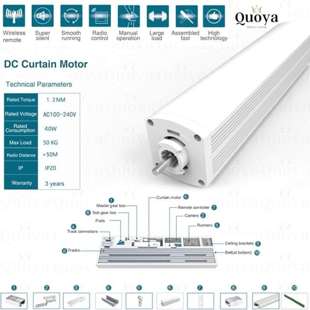 „Quoya QL500 Smart“ elektrinė užuolaidų bėgių sistema – motorizuota, reguliuojamas ilgis (iki 3 m), nuotolinio valdymo pultas, valdymas balsu, suderinamas su „Alexa“, „Google“, „Siri“, „Apple Watch“