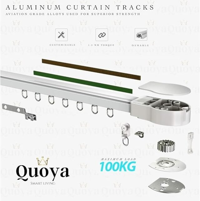 „Quoya QL500 Smart“ elektrinė užuolaidų bėgių sistema – motorizuota, reguliuojamas ilgis (iki 3 m), nuotolinio valdymo pultas, valdymas balsu, suderinamas su „Alexa“, „Google“, „Siri“, „Apple Watch“