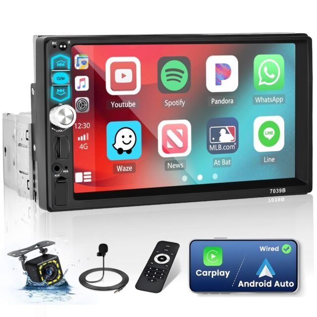 Automobilinis radijas 1Din su 7 colių ekranu radijo jutikliniu ekranu su Bluetooth Mirror Link FM USB AUX atbulinės eigos kameros mikrofono nuotolinio valdymo pulteliu Apple CarPlay Android