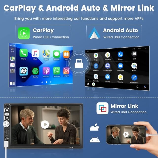 Automobilinis radijas 1Din su 7 colių ekranu radijo jutikliniu ekranu su Bluetooth Mirror Link FM USB AUX atbulinės eigos kameros mikrofono nuotolinio valdymo pulteliu Apple CarPlay Android
