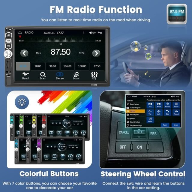 Automobilinis radijas 1Din su 7 colių ekranu radijo jutikliniu ekranu su Bluetooth Mirror Link FM USB AUX atbulinės eigos kameros mikrofono nuotolinio valdymo pulteliu Apple CarPlay Android
