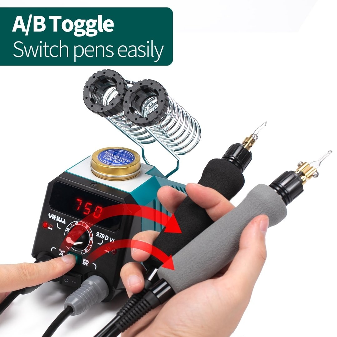 YIHUA 939D-VI dvigubas pirografinis deginimo rašiklis medienai su skaitmeniniu ekranu su 20 vielų antgalių, nuimamu deginančiu rašikliu