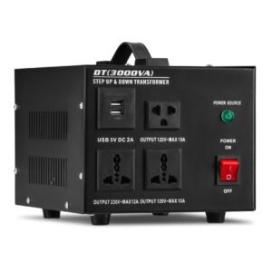 CREWORKS įtampos keitiklis 110V↔220V 3000W su automatiniu atjungimo transformatoriumi, 110V/220V lizdais ir 5V USB prievadais