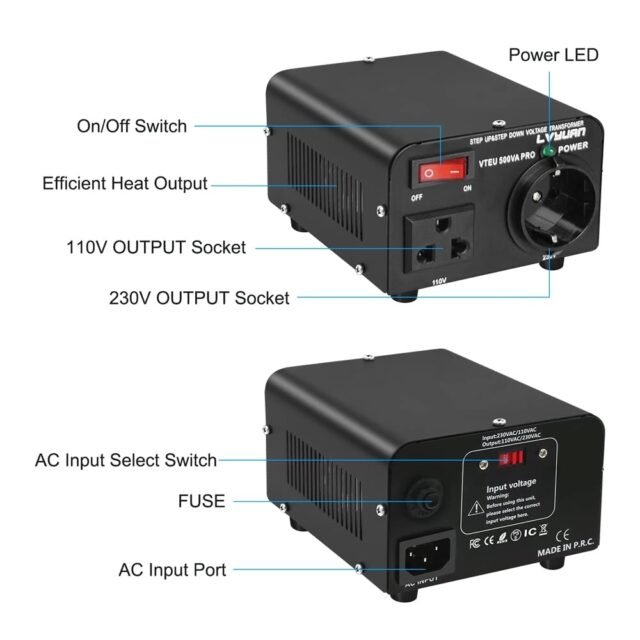 LVYUAN 500 VA 110 voltų JAV įtampos keitiklis, 500 vatų – Įėjimas: 110V arba 220V / Išėjimas: 110V ir 220V