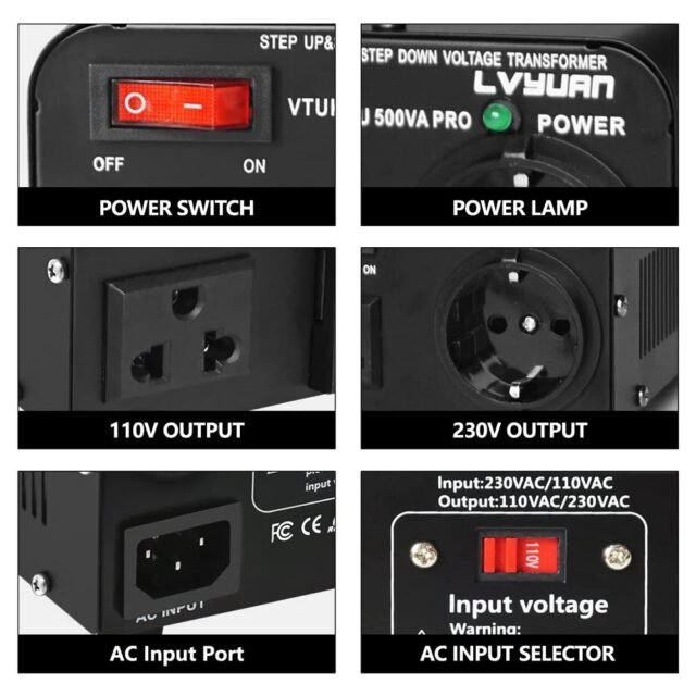 LVYUAN 500 VA 110 voltų JAV įtampos keitiklis, 500 vatų – Įėjimas: 110V arba 220V / Išėjimas: 110V ir 220V