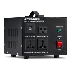 CREWORKS įtampos keitiklis, 2000 W transformatorius su 110 V / 220 V lizdais, 5 V USB prievadais, automatinis transformatorius, 110 V/ 220 V su automatiniu išsijungimu