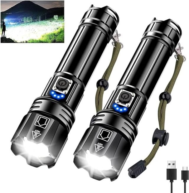 „Glarylight“ įkraunamas LED žibintuvėlis, 500 000 liumenų, itin ryškus XHP70.2 LED žibintuvėlis su 5 režimais ir priartinimu, atsparus vandeniui, taktiniai žibintuvėliai stovyklavimui, žygiams, avarinėms situacijoms (2 vnt.)