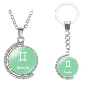 "Caimeytie®" Dvynių moteriškas pakabukų vėrinys ir raktų pakabukų rinkinys / 12 žvaigždynų vėrinys / Zodiako vėrinys / Zodiako ženklų papuošalai mergaitėms / Dvipusis besisukantis pakabukas