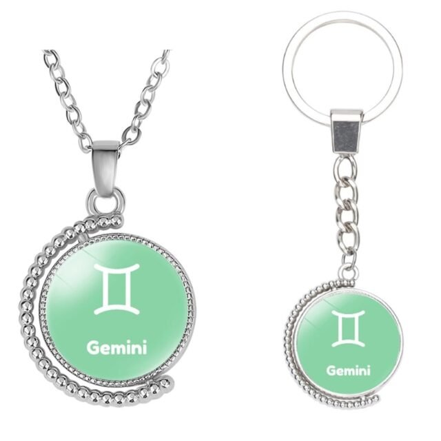 "Caimeytie®" Dvynių moteriškas pakabukų vėrinys ir raktų pakabukų rinkinys / 12 žvaigždynų vėrinys / Zodiako vėrinys / Zodiako ženklų papuošalai mergaitėms / Dvipusis besisukantis pakabukas