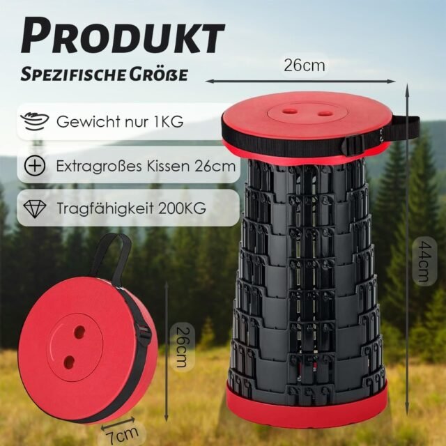 Sulankstoma taburetė, teleskopinė taburetė, sulankstoma taburetė, tvirtesnės konstrukcijos, skirta lauko kempingo taburetėms, kempingo taburetė, maks. Maksimali apkrova 200 kg, raudona