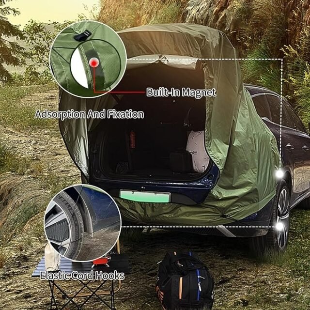 TAZZOR galinė palapinė automobiliui su tinkleliu nuo uodų, atspari vėjui, apsaugai nuo saulės ir vandeniui - automobilio palapinės galinės durys, automobilio tentas visureigiui, automobilio tentas stovyklavimui ir nuotykiams lauke (chaki spalvos)